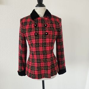 Red Plaid Wool Velvet Collar Double-Breasted Women's Jacket Size 38